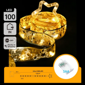 Obrázok pre LED Vianočné osvetlenie - dekoračná stuha s hviezdou, 100 diód, 10m, IP20, 3xAA - Teplá biela