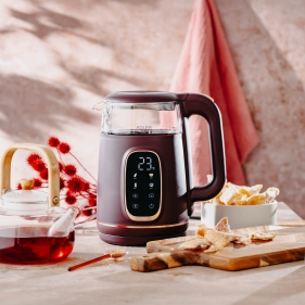 Obrázok pre Rýchlovarná sklenená kanvica s reguláciou teploty - 1,7L , burgundy-zlatá - 2200W