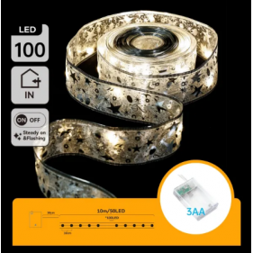 LED Vianočné osvetlenie - dekoračná stuha strieborná, 100 diód, 10m, IP20, 3xAA - Teplá biela Obrázok pre LED Vianočné osvetlenie - dekoračná stuha strieborná, 100 diód, 10m, IP20, 3xAA - Teplá biela
