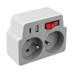 Obrázok pre DPM Adaptér , elektrická rozvodka - 2x230V zásuvka, 1xUSB, 1xPD - sivá s vypínačom