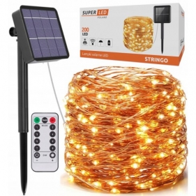 Obrázok pre Solárna Svetelná dekoračná reťaz STRINGO , girlanda IP44 , 200diód, 20M , Teplá biela s diaľkovým ovládaním