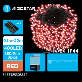Obrázok pre LED Vianočné osvetlenie - reťaz, 400 diód, 20m, IP44, 4xAA - Červená - 8 módov svietenia