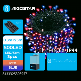 Obrázok pre LED Vianočné osvetlenie - reťaz, 500 diód, 25m, IP44, 4xAA - Červená+Modrá - 8 módov svietenia