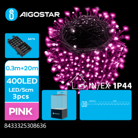 Obrázok pre LED Vianočné osvetlenie - reťaz, 400 diód, 20m, IP44, 4xAA - Ružová - 8 módov svietenia