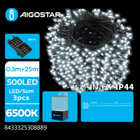 Obrázok pre LED Vianočné osvetlenie - reťaz, 500 diód, 25m, IP44, 4xAA - Studená biela - 8 módov svietenia