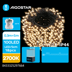 Obrázok pre LED Vianočné osvetlenie - reťaz, 100 diód, 5m, IP44, 3xAA - Teplá biela - 8 módov svietenia