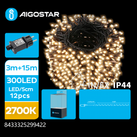 Obrázok pre LED Vianočné osvetlenie - reťaz, 300 diód, 15m, IP44, 230V - Teplá biela - 8 módov svietenia
