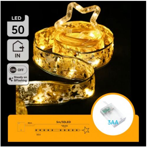 Obrázok pre LED Vianočné osvetlenie - dekoračná stuha s hviezdou, 50 diód, 5m, IP20, 3xAA - Teplá biela