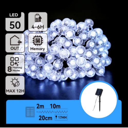 Obrázok pre Solárna Svetelná dekoračná reťaz , girlanda IP65 , 50diód, 10M , Studená biela