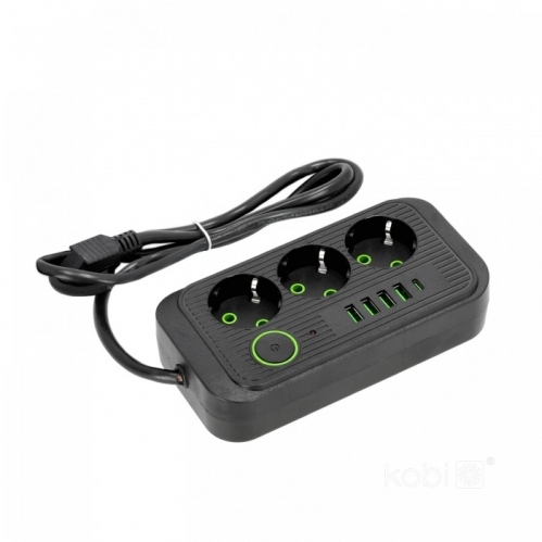 Obrázok pre Predlžovací kábel - predlžovačka , 3-zásuvková 230V, 4-zásuvková USB, 1-zásuvka type-C, 1,5m , s vypínačom