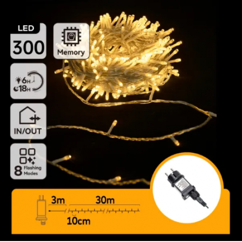 Obrázok pre LED Vianočné osvetlenie - reťaz, 300 diód, 30m, IP44, 230V - Teplá biela - 8 módov svietenia